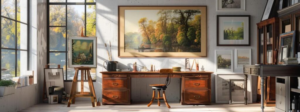 A realistic marketing image of a custom framing shop in Los Angeles carefully framing a fine art piece or collectible poster with conservation-grade materials, showcasing craftsmanship, protection from sunlight and humidity, and the elegance of personalized design compared to mass-produced frames.